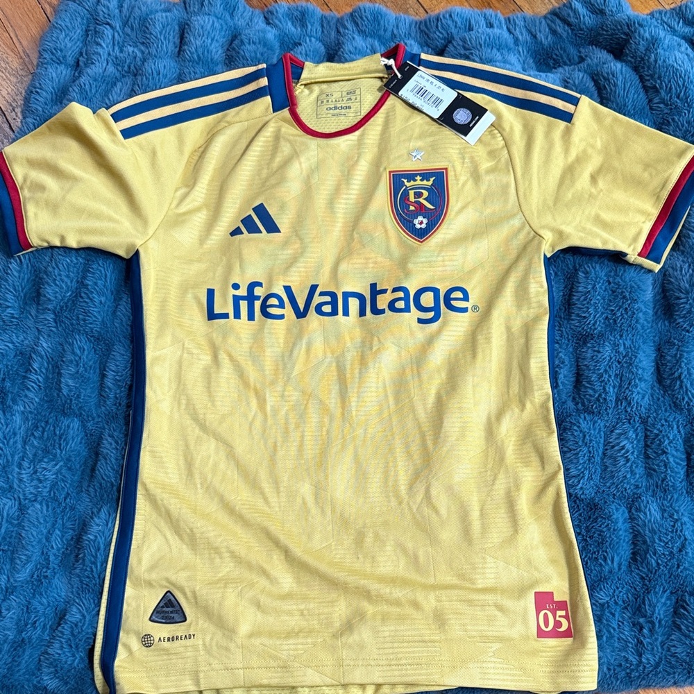 Adidas Yellow Soccer Jersey with Blue and Red Accents